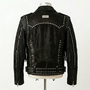 Custom Mens Western Goth Rockstar Cowhide Hair On Fringe Studded Heavy Metal Asymmetric Zip Motorcycle <b>Biker</b> Punk Luxury Coat - Product Image 2