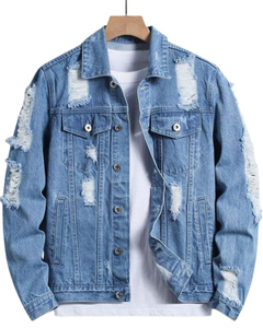 Veste en jean décontractée pour homme, délavée, déchirée, à col rabattu, coupe classique, style streetwear d'automne - Product Image 1