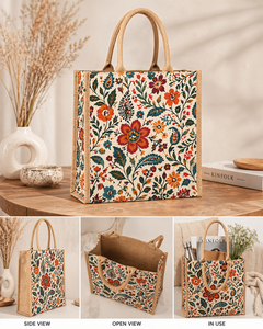 Premium Floral Printed Jute Tote <b>Bag</b> Eco Friendly <b>Reusable</b> Shopping <b>Bag</b> with Laminated Interior - Product Image 2