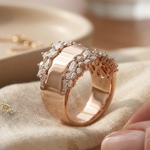 Anillo de compromiso y aniversario de lujo para mujer, de oro amarillo, con diamante de laboratorio de talla marquesa de 10K, certificado, banda ancha tipo cigarro flotante - Product Image 4