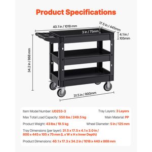 Carrello Multiuso a 3 Ripiani per Carichi Pesanti, Capacità di Carico 250 kg, Ruote Girevoli a 360 Gradi, Carrello di Servizio a 2 Ripiani - Product Image 4