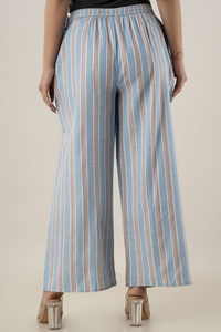 Light Blue Khadi Cotton Yarn Dyed Striped Wide Leg Palazzo Pants Women Casual <b>Summer</b> <b>Trousers</b> with Drawstring - Product Image 6