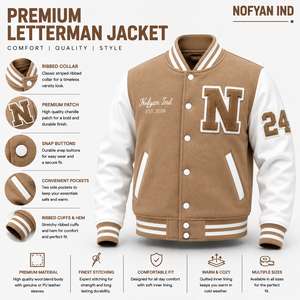 ผู้ผลิตเสื้อแจ็คเก็ต Letterman แบบกำหนดเอง |   เสื้อแจ็คเก็ตเบสบอลพรีเมียมแบบ OEM ODM ขายส่ง |   เสื้อแจ็คเก็ตบอมเบอร์ปักโลโก้ตามสั่ง - Product Image 1