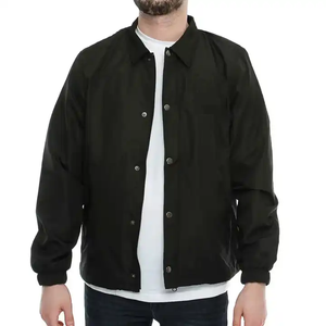 Black Solid Color Minimalist Urban Coach Jacket Snap <b>Button</b> Front Lightweight Nylon Fabric Everyday Wear Style - Product Image 1