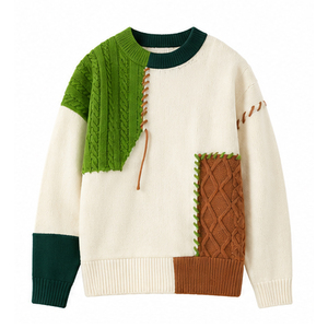 Men's Patchwork Knitted Pullover <b>Sweater</b> Full Sleeve Regular Fit Spliced Design Autumn Wear Green Brown Cream Color - Product Image 1