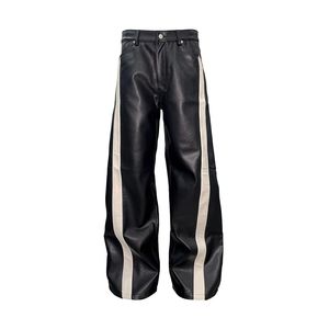 Pantalon large en cuir noir à taille haute pour homme avec bande latérale style motard pour l'automne - Product Image 4