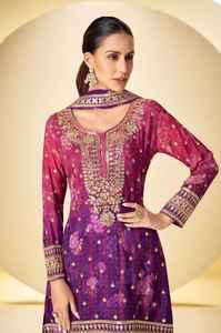 Traje Salwar Chinon con Estampado Digital y Bordado, Completamente Cosido, con Dupatta, Kurta con Palazzo y Dupatta - Product Image 2