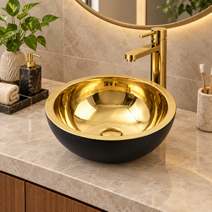 Lavabo de salle de bain rond à poser, noir mat et laiton doré, double ton, pour hôtels et villas - Product Image 4