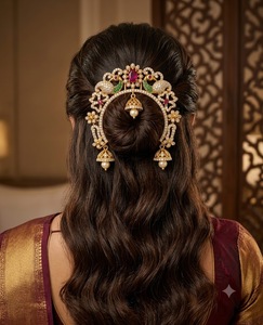 Broche de cheveux ethnique à motif floral et paon jumelé, avec perles et pompon, accessoires de coiffure pour femmes, bijoux floraux pour la tête - Product Image 3