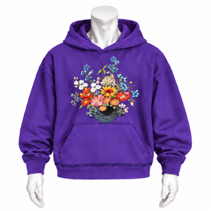 Sweat-shirt à capuche violet avec broderie florale colorée, poche kangourou, coupe oversize, style décontracté et streetwear - Product Image 1