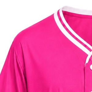 เสื้อเบสบอลผู้หญิงสีชมพูร้อนแรง แขนสั้น คอวี ติดกระดุมด้านหน้า แต่งขอบสีขาว พร้อมลายปัก สำหรับกีฬาประเภททีม - Product Image 4