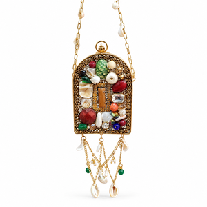 Pochette de soirée de luxe en fer avec ornements en perles et pierres multicolores, sac à main écologique perlé avec chaîne - Product Image 1