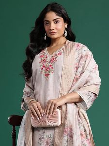 Women's <b>Linen</b> Woven Floral Embroidered Knee Length Straight Kurta & Pant with Dupatta 3-<b>Piece</b> Set - Product Image 2