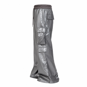 Men's Plus Size High Waist Canvas PU Coated Anti-Pilling <b>Cargo</b> <b>Pants</b> Wide Leg Loose Fit Workwear Style Drawstring Closure - Product Image 3
