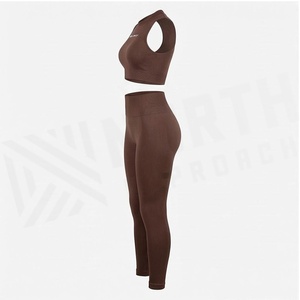Conjunto de Yoga de 2 Piezas North Approach, Top Corto sin Mangas con Cintura Alta y Leggings Largos, Color Marrón Sólido, Ropa Deportiva - Product Image 3