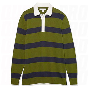 Polo de punto a rayas de manga larga para hombre, 100% algodón de alta calidad, verde marino, estilo rugby informal. - Product Image 4
