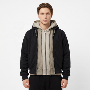 Custom Color <b>Block</b> Three Layered CutandSew 500GSM Heavy Cotton Oversized Plain Blank Heavyweight Triple Zip up Hoodies for Men - Product Image 2