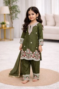 Ensemble Salwar Kameez brodé pour filles avec dupatta, vêtements traditionnels indiens et pakistanais pour enfants, tenue décontractée pour fêtes et hiver, extensible - Product Image 1