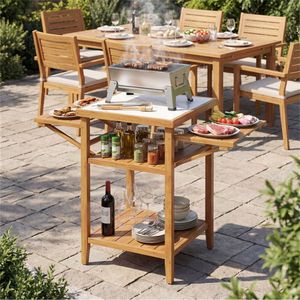 Tavolo da Esterno in Legno di Acacia con Piano Ribaltabile in Resina Effetto Marmo per Stazione di Preparazione BBQ - Product Image 6