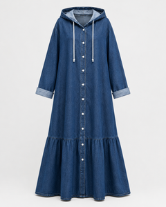 Robe longue en jean de coton à capuche, manches longues, ourlet évasé, coupe ample, décontractée pour femme, couleur unie, respirante, toutes saisons - Product Image 4