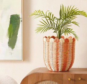 Sustainable Eco Friendly Natural Striped Seagrass Basket Handmade Tall <b>Wicker</b> Laundry Hamper Cute Scalloped Toy <b>Bin</b> Home - Product Image 3