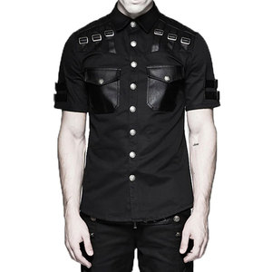 Men's Handmade Gothic Black Short Sleeve <b>Shirt</b> PU Leather <b>Patchwork</b> Pockets Rock Metal Streetwear Tops - Product Image 1