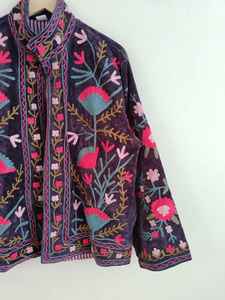 Wine Color Velvet Suzani Embroidered <b>Jacket</b> Handmade Vintage <b>Jacket</b> Floral Suzani <b>Jacket</b> Pure Velvet <b>Jacket</b> Boho <b>Hippie</b> - Product Image 3