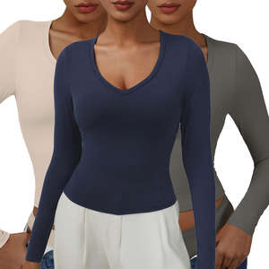 T-shirts à manches longues pour femmes, coupe ajustée, col rond, basiques, unis, printemps automne, vente en gros - Product Image 2