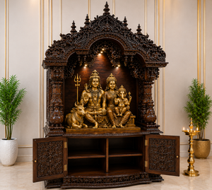 Shiv Parivar Teak Wood Home Temple Hand-Carved Wooden Pooja <b>Mandir</b> for Prayer Room South Indian Style Solid Wood Puja Ghar Uk - Product Image 3