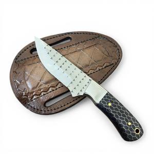 Cuchillo de caza vaquero de hoja fija, hecho a mano, de grado industrial, tipo Bull Cutter, con punta de gota, mango de acero raspado, resina y acrílico, para exteriores - Product Image 1