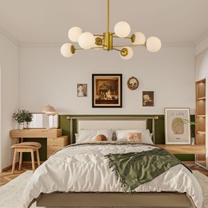 Lustre moderne à 8 lumières dorées de 35 pouces, design élégant de style mi-siècle avec branches, globes en verre blanc, luminaires suspendus - Product Image 6