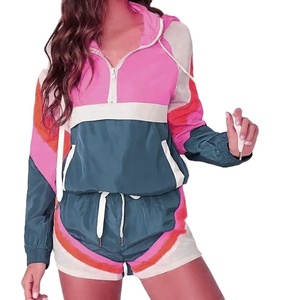 2026 Women's Casual <b>Short</b> Sleeve Windbreaker Outfits With Elastic Waist Stand Collar Color Block Design Hot Summer Clothing - Product Image 5