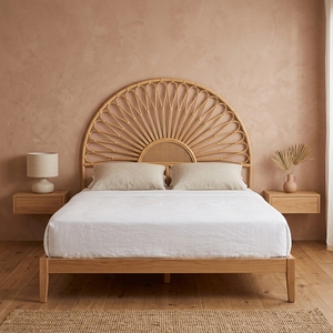 Nouvelle Tête de Lit Moderne Minimaliste en Rotin Sunrise Loop, Cadre de Lit en Bois Écologique Marron, Rembourrage en Microfibre, Boîte Personnalisée pour Chambre à Coucher - Product Image 2