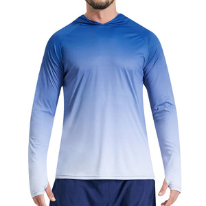 Custom High Quality Men's Gradient Blue Long Sleeve Hooded Fishing Shirt UPF 50 Anti-UV Quick Dry Polyester <b>Top</b> - Product Image 1
