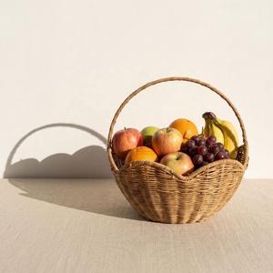Scalloped Wicker Storage Baskets Set Of 2 Round Handcrafted <b>Rustic</b> Organizer For Living Room Neatening - Product Image 1