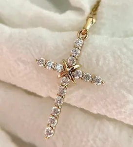 <b>Solid</b> 14K Yellow <b>Gold</b> Moissanite Cross Wedding <b>Pendant</b> VVS1 Round Cut 1.20 Carat Luxury Religious Necklace - Product Image 1