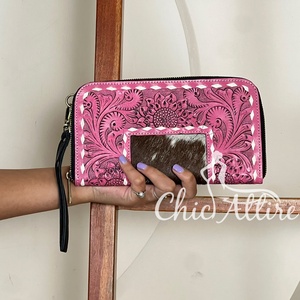 New Arrival Pink Sunflower Design Mini Bag Genuine Cowhide Hand Tooled Leather Zipper Pattern For <b>Ladies</b> Every Day Use <b>Wallet</b> - Product Image 1
