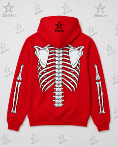 Salstar Men's <b>Red</b> Hooded Zip-Up Sweatshirt With Skeleton Print Gothic Style Regular Fit Knitted Polyester <b>Hoodie</b> - Product Image 5