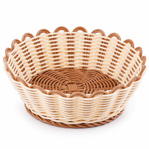 Carved Modern Round <b>Bamboo</b> <b>Bowl</b> Two-Tone Weave Scalloped Rim Eco-Friendly Lightweight Food Serving & Decor - Product Image 1