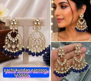 Pendientes de Moda de Alta Calidad, Estilo Étnico Tradicional, Chapados en Oro, con Piedras y Perlas, Diseño Paisley Kundan para Mujer - Product Image 4