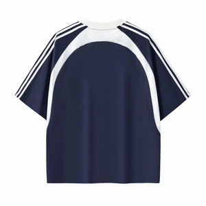 T-shirt sportif surdimensionné pour homme, manches courtes, col rond, respirant, tricoté, 100 % polyester, uni, rayures bleu marine et blanc, empiècements en maille - Product Image 2