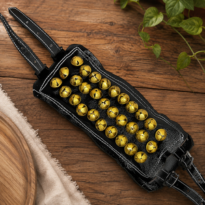 Gold Plated <b>Brass</b> <b>Bell</b> Leather Anklet Adjustable Black Strap Ghungroo for Classical Indian Dance Performance - Product Image 6