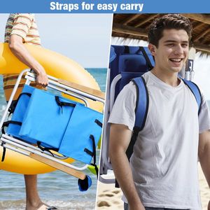 2 adulti zaino portatile pieghevole sedia da campeggio 4 posizione sedia da spiaggia con braccioli in legno e poggiatesta portabicchieri blu - Product Image 4