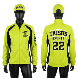 เสื้อแจ็คเก็ตฝึกซ้อมซอฟต์บอล พรีเมียม 260 GSM โพลีเอสเตอร์ อินเตอร์ล็อค สีเขียวนีออน ดำ แต่งแผง พร้อมโลโก้แบบซับลิเมชั่นตามสั่ง - Product Image 1