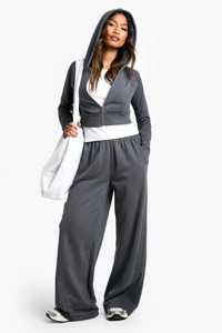 Conjunto Deportivo Personalizado para Mujer, Sudadera Corta con Capucha y Cremallera, Pantalones Largos, Color Gris Sólido, Transpirable, Ligero, de Algodón - Product Image 4