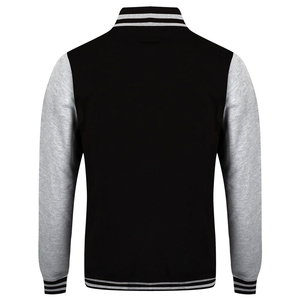Veste varsity personnalisée noire et grise, style letterman, corps en laine, manches contrastées, style bomber, vêtement décontracté imprimé. - Product Image 4