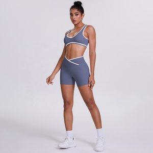 Scoop Neck Racerback <b>Crop</b> <b>Top</b> High Waist Shorts 2 Piece Set Seamless Breathable Yoga Wear Solid Color Contrast Binding - Product Image 4