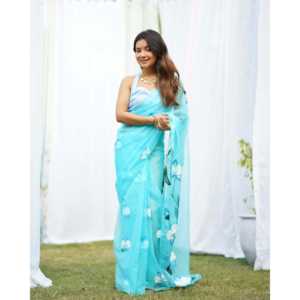 Sari en tissu organza pur, léger, transparent, dessiné à la main, séchage rapide, pour mariage, fête, usage quotidien, traditionnel - Product Image 4