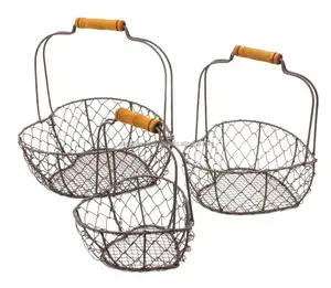 Decorative Heart Shaped Mesh Wire Basket Set of 3 Wooden Handle Storage Basket