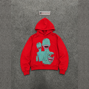 เสื้อฮู้ดลายกราฟิกสีแดงพร้อมลายตัวอักษรสีเขียวขุ่นแบบทำเก่าสไตล์สตรีทแวร์โอเวอร์ไซส์พิมพ์ลายการ์ตูนหน้ายิ้มสไตล์คนเมือง - Product Image 5